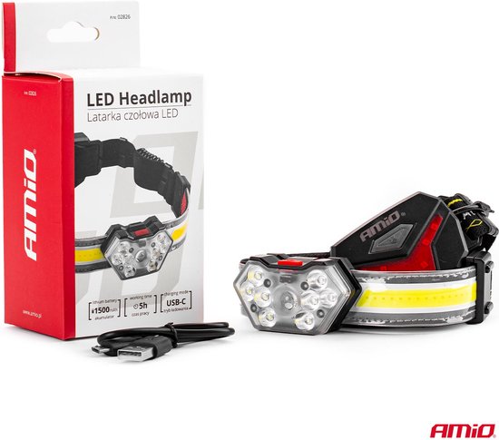 AMiO LED Hoofdlamp met Oplaadbare Batterij en 5 Lichtmodi – 6500K Wit Licht