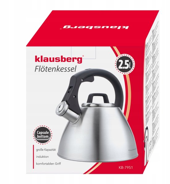 KLAUSBERG KB-7951 Fluitketel 2,5 L – RVS – Soft-Touch Handgreep – Inductie – Zilver