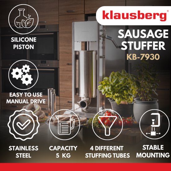 Klausberg Worstenvuller 5 kg - RVS - Verticaal Model KB-7930 - Professioneel voor Thuisgebruik - Incl. 4 Trechters - Handmatig