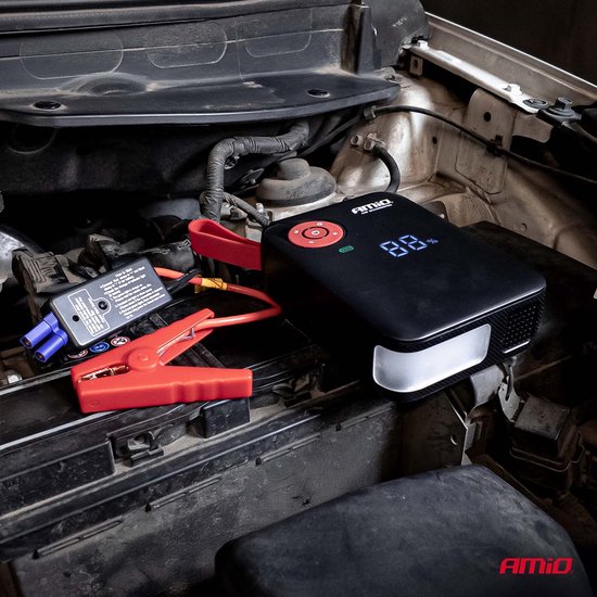 AMiO Portable Mini 4-in-1 Jump Starter – Powerbank 12V 600A met Air Compressor en LED Zaklamp – Draagbare Startbooster Auto – Smart Battery Booster
