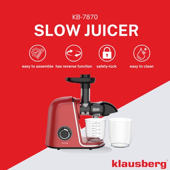 Klausberg Slowjuicer – 150W - 700ml - Groenten en Fruitpers – Met Pulpreservoir | Kersenrood | Juice Maker - Juicer met 7-Traps Perssysteem
