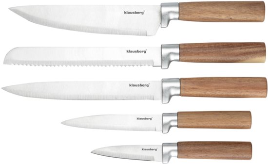 Klausberg KB-7983 6 Delig Messenset - 5 Messen met Acacia Houten Messenblok - Roestvrij Staal Keukenmessen Zwart - o.a. Broodmes , Vleesmes , Koksmes , Groentemes en Messenblok