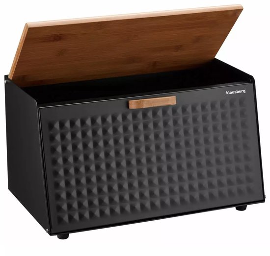 Broodbak van Staal en Bamboe - Zwart - 35,5 x 17(21,5) x 20 cm - Hygienisch en Ecologisch - Broodtrommel - Brooddoos