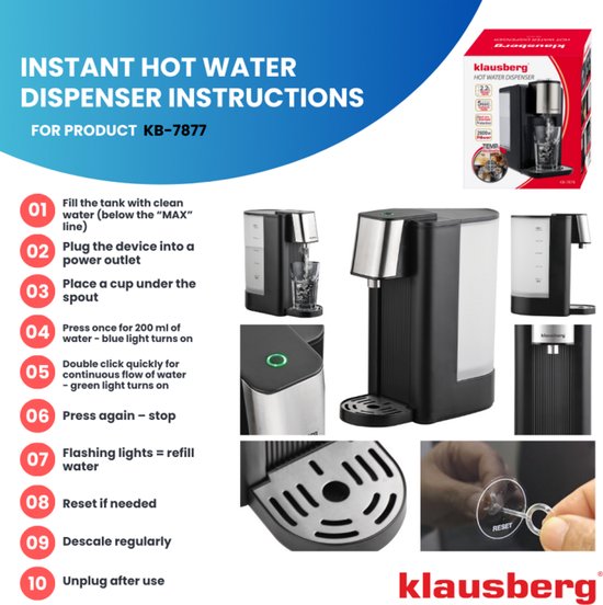 Klausberg KB7877 Hot Water Dispenser – 2,5 Liter – Zwart & RVS – 2600W – Direct kokend water in 5 seconden - Heetwaterdispenser - Waterkoker -