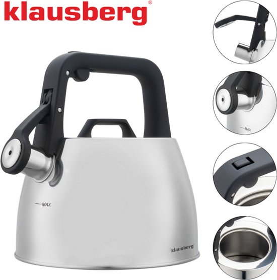 Klausberg 7914 - Fluitketel met fluit - 2.5 liter - RVS - zilverkleurig