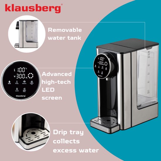 Klausberg KB7880 Hot Water Dispenser – 2,7 Liter – LED Touchbediening – Temperatuur- & Volumecontrole – 2600W - Heetwaterdispenser