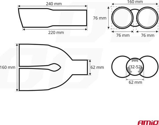 Universeel RVS uitlaat sierstuk 2x76mm - MT 022 - Aansluit diameter tussen de 32mm en 52mm