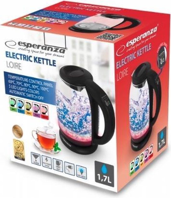 Esperanza Loire | Glazen Waterkoker | Vijf Kleuren LED-Verlichting | 1,7 Liter | 2200W