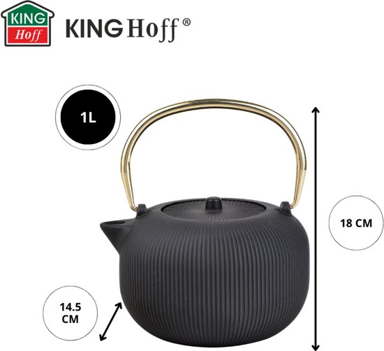Kinghoff KH-1931 - Gietijzeren theepot - met zeef - geëmailleerde binnenkant - 1l - zwart met gouden handvat