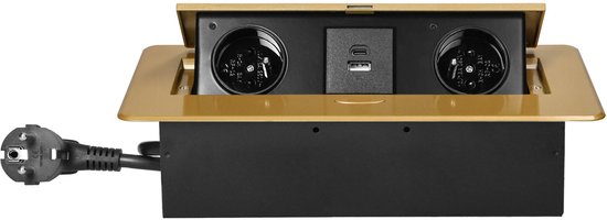 Bureau stekkerdoos met USB A&C - Pop up stekkerblok met 2 stopcontacten- Inbouw Verdeelstekker met RVS afwerking - Verdeeldoos met 1.5 meter kabel - voor max. 3680 Watt - Penaarde - Messing