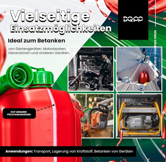 Jerrycan Kunststof rood 10 Liter-L36 x B15 x H34 cm - geschikt voor gevaarlijke vloeistoffen