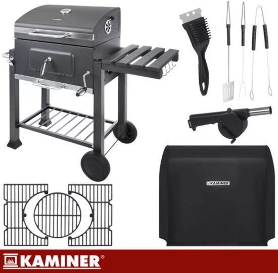 Kaminer Zwarte houtskool barbecue 116 x 70 x 110 cm met thermometer en zijtafel