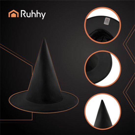 Ruhhy Zwarte heksenhoed klassiek Halloween kostuum accessoire met brede rand en spitse vorm