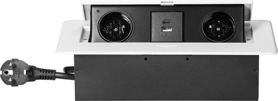 Bureau stekkerdoos - Pop up stekkerblok met 2 stopcontacten, USB A & C - Inbouw Verdeelstekker met RVS afwerking - Verdeeldoos met 1.5 meter kabel - voor max. 3680 Watt - Penaarde - Wit