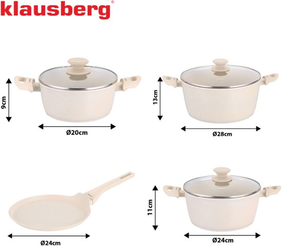 Klausberg KB-7963 Pannenset 7 Delig Beige | Marmer Anti-aanbaklaag | Inclusief Koekenpan 24 cm | Geschikt voor Inductie