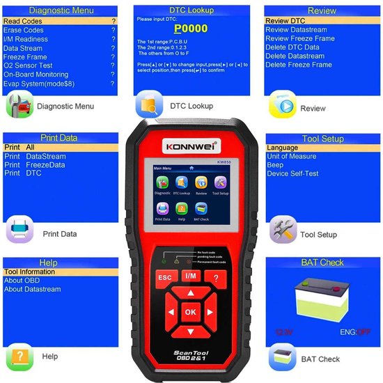 Konnwei KW850 Serie - Diagnostische Scanner - Multi-voertuig Compatibiliteit - OBD2 - Meertalige Interface