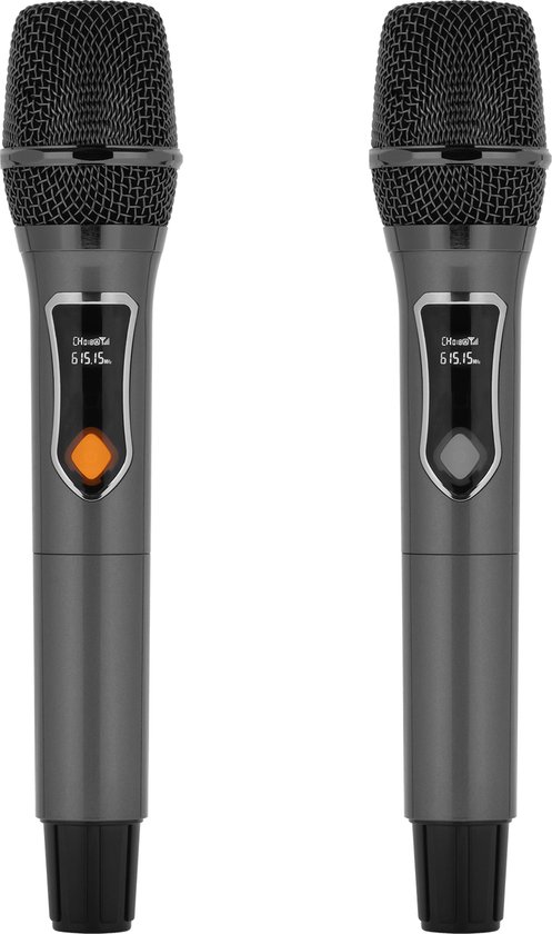 Krüger & Matz KM1718 Mobiele Actieve Luidspreker Party Speaker Box LED ring (met 2 UHF draadloze microfoons, SD, Bluetooth 5.0 , FM, USB) 60 Watt zwart