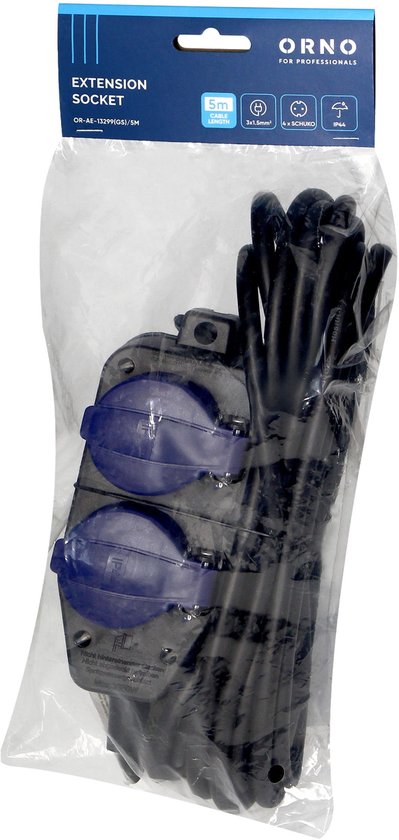 Orno Vrijstaande Stekkerdoos voor buiten - Verlengkabel met 4 stopcontacten - Kabellengte 10 meter - IP 44 - Zwart/blauw