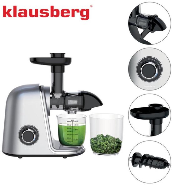 Klausberg KB-7868 Slow Juicer – 150W | Cold Press | Groenten en Fruitpers – Met Pulpreservoir | Grijs | Stille Horizontale Juicer met 7-Traps Perssysteem