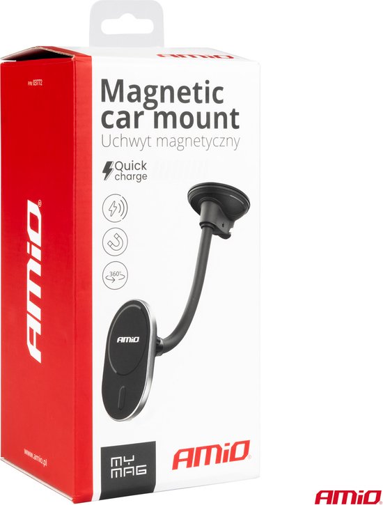 AMiO Magnetische Autohouder met 15W Draadloze Oplader en MagSafe - Verstelbare Arm en Zuignap Zwart