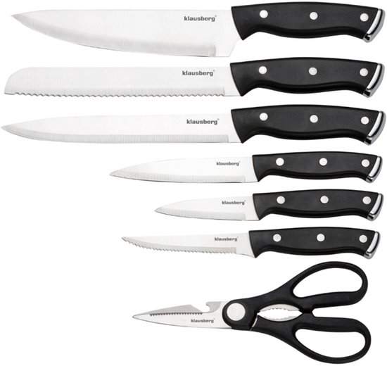 Klausberg KB-7985 13 Delig Messenset - Zwart Messenblok met Slijpstaaf - 6 Stekmessen Inclusief - Messenset met Blok - O.a. Broodmes, Koksmes, Vleesmessen en Schaar