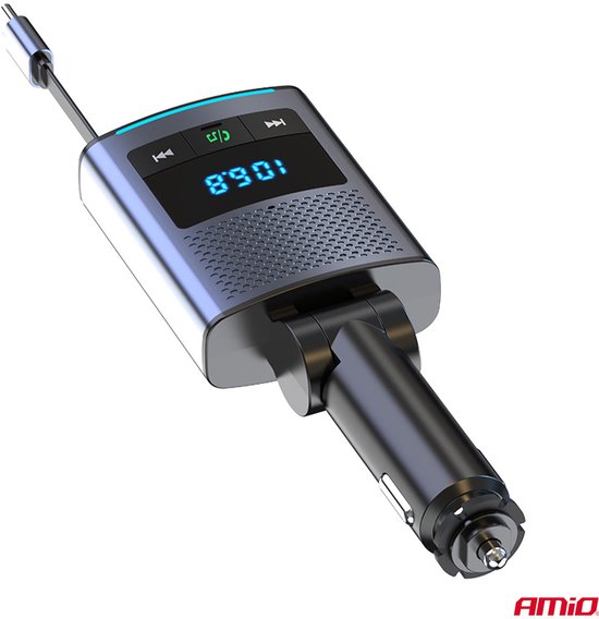 AMiO Car FM Transmitter – Bluetooth – USB-A en USB-C – Ingebouwde Uittrekbare USB-C Kabel – 12V/24V – Handsfree en Snelladen