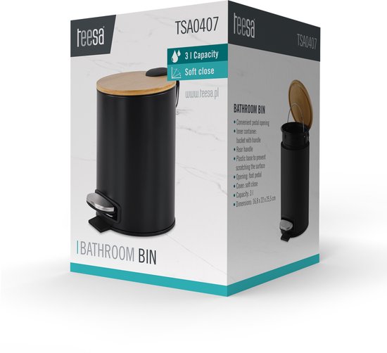 Teesa - Badkamer Prullenbak - 3L - RVS - Zwart