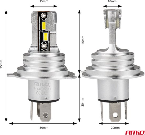 AMiO Dimlicht LED H4/H19 Mini 6500k Wit (set) 12v/24v [Witte koplampen - Witte Dimlichten]