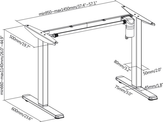 Ergo Office - Elektrisch bureau - 1 motor - Hoogteverstelbaar max1160mm tot 80kg - ER-443