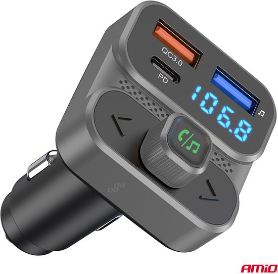 Car FM Transmitter – 2×USB-A en 1×USB-C – 12V/24V – Bluetooth – Handsfree Bellen en Snelladen