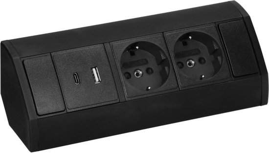 Orno Hoekstekkerdoos - Stekkerblok met 2 Stopcontacten - Verdeelstekker met USB A & C - Opbouw Stekkerdoos met 60 cm kabel - Zwart