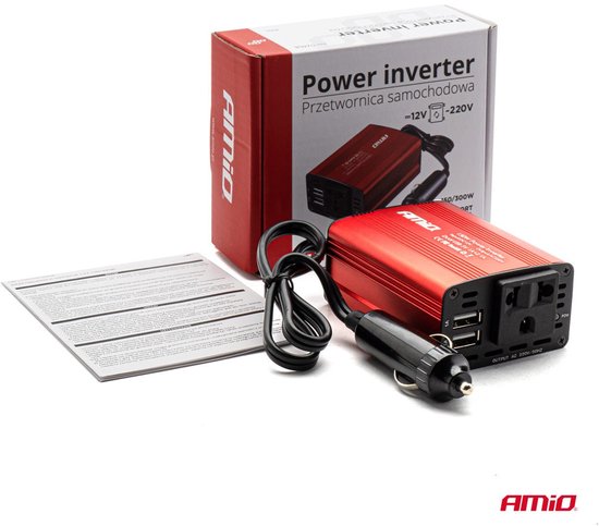 AMiO Stroom Omvormer 12V/230V Sigarettenplug naar Stopcontact Rood (2 x USB) 150W/300W