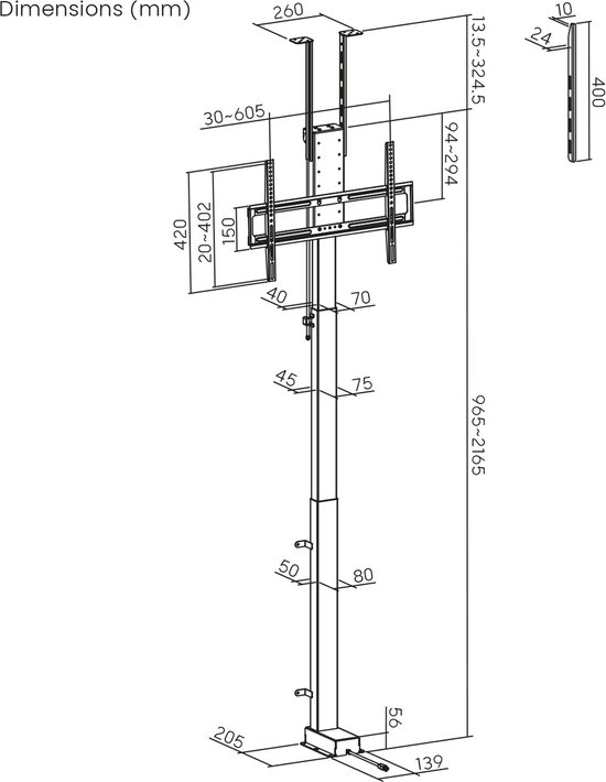 Maclean - TV houder - Elektrische plafond- en vloergreep - 43''-88'', VESA 600x400, max 60kg, 100-240V AC, 50/60Hz