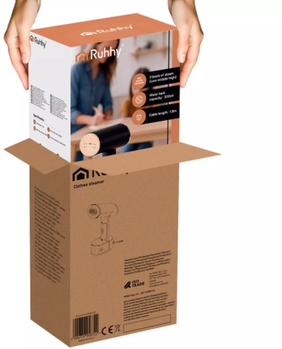 Ruhhy Kledingstomer handstomer - aluminium stoomplaat met tefloncoating - 28 × 11,5 × 13 cm - zwart - 2000 W, 3 stoomniveaus, voor thuis en reis