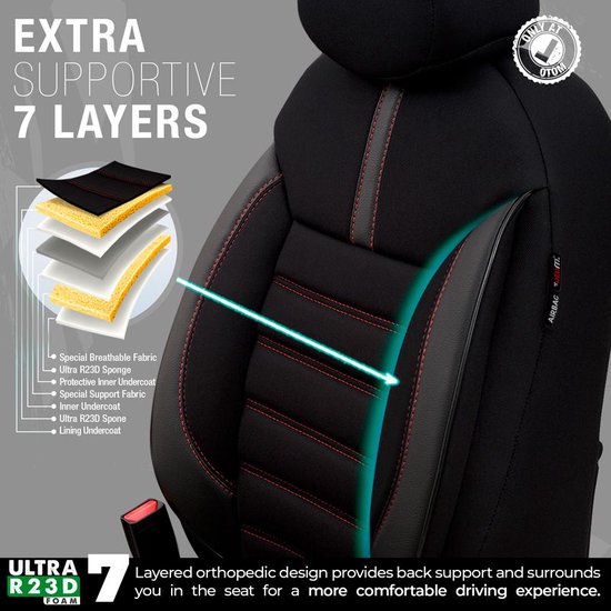 Universele Stoffen/Leder Stoelhoezenset 'Limited' Zwart + Rode stiksels - 11-delig - geschikt voor Side-Airbags