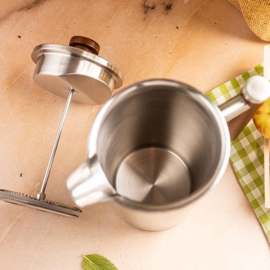 KINGHoff French Press 1 Liter – RVS 304 – Dubbelwandig – Houten Handgreep – Luxe Koffie & Thee Zetter – KH-1995