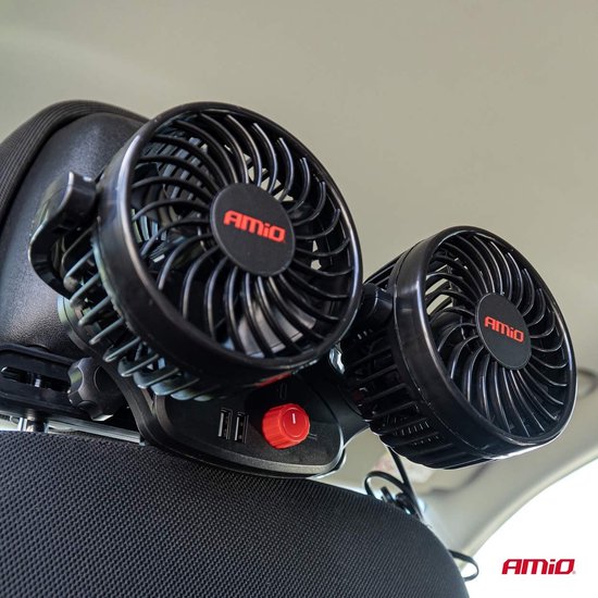 AMiO Dubbele Autoventilator voor Hoofdsteun met USBoplader Zwart (5x10 cm) 12V