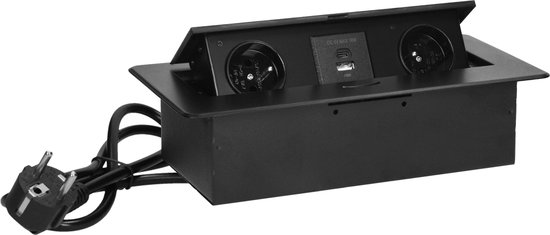 Bureau stekkerdoos met USB A&C - Pop up stekkerblok met 2 stopcontacten- Inbouw Verdeelstekker met RVS afwerking - Verdeeldoos met 1.5 meter kabel - voor max. 3680 Watt - Penaarde - Zwart