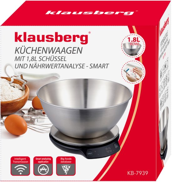 Klausberg KB-7939 Slimme Keukenweegschaal – 1,8L RVS Kom – Bluetooth & App – 5kg / 1g Precisie – LED Display