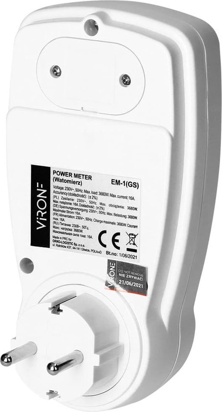 Energiemeter Verbruiksmeter elektriciteit max. 3680 Watt - Verbruiksmeter met LCD-display - Kwh meter voor in stopcontact Schuko - Stroomverbruik meter voor thuis - Energiekostenmeter met tijd - Wit