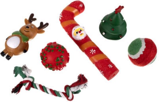 Purlov Kerstgeschenkset voor Honden - 6 Feestelijke Speeltjes - Veilig en Duurzaam
