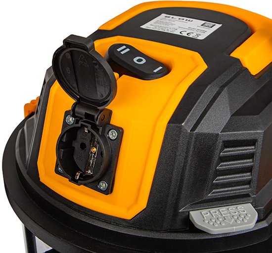 Blow Bouwstofzuiger 1300W + Stopcontact 2000W - 25L - 240V - 4 meter Snoer - Nat & Droog zuiger - Zwart/Geel