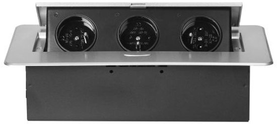 Stekkerdoos met 3 stopcontacten - Pop up stekkerblok zonder kabel - Inbouw Verdeelstekker met RVS afwerking - Verdeeldoos 230 Volt - voor max. 3680 Watt - Penaarde - Zilver