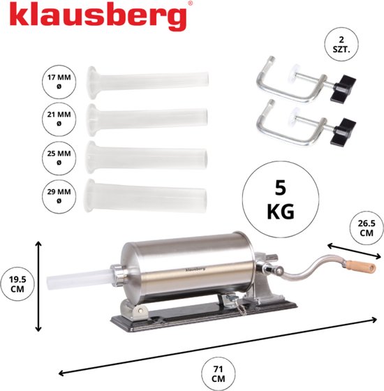 Klausberg KB-7929 Horizontale Worstvuller | 5 kg Capaciteit | RVS | Professioneel | Met Klemmen en Zuiger | Worstmaker | Vleesvuller