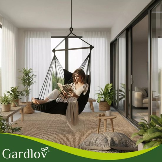 Gardlov Hangstoel Zwart met Kussens en Voetensteun 210 cm – Hangmatstoel voor Tuin, Balkon of Woonkamer – Max. 150 kg – Inclusief Ophangband