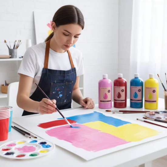Maaleo plakkaatverf set – 12 intense kleuren van 1L, veilige waterverf voor school en atelier