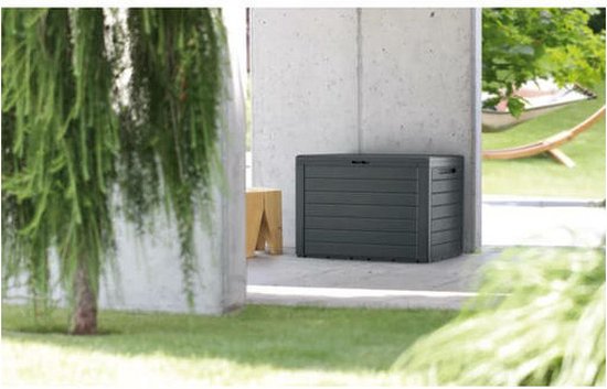 Prosperplast Tuin kussen opbergbox - grijs - hout patroon - 280 liter - kunststof - 116 x 44 x 55 cm