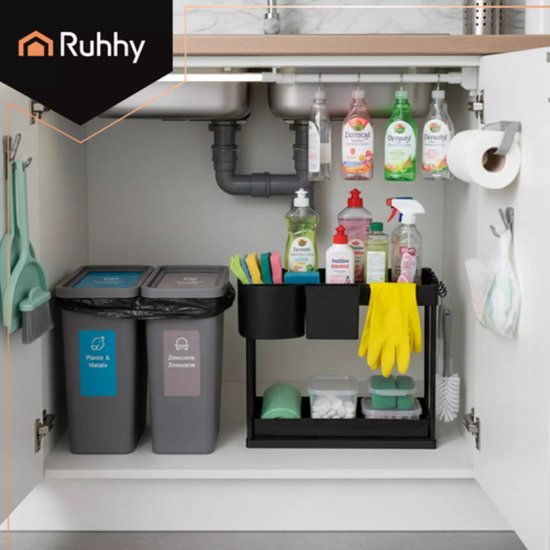 Ruhhy gootsteen organizer 2-laags – zwart rek met uittrekbare planken voor keuken en badkamer