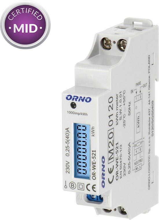 1 Fase kWh Meter - Digitale LCD scherm - MID Gecertificeerd