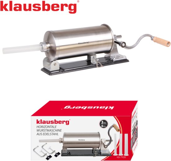 Klausberg KB-7928 Horizontale Worstvuller | 3 kg Capaciteit | RVS | Met Klemmen en Zuiger | Vleesvuller | Worstmaker